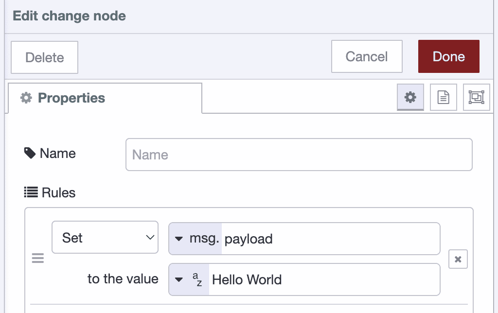 "Configuring the change node to set the payload to Hello World"