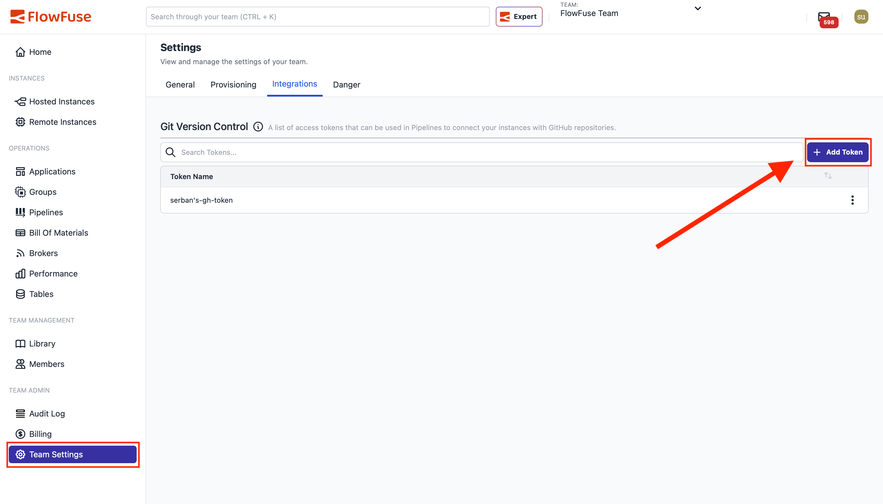 Screenshot showing the Team Settings page with the Integrations tab selected and add token button highlighted